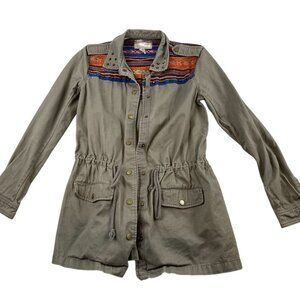 Love 21 Women's Military Field Jacket Small Tribal Embroidered Aztek Tie-Waist